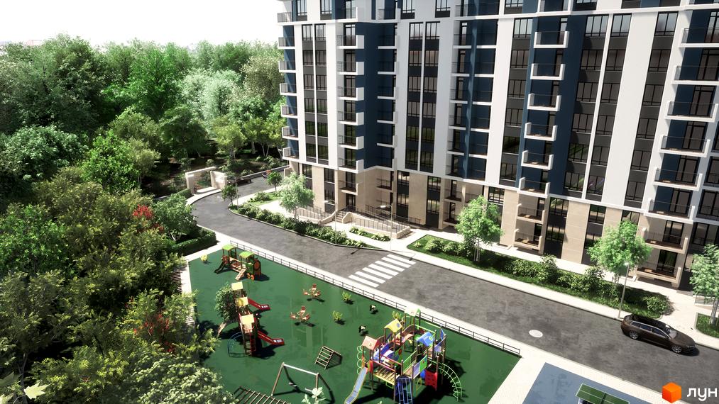 Житловий комплекс Авеню 42: багатоповерховий будинок з балконами та великими вікнами, поруч дитячий майданчик та зелена зона.