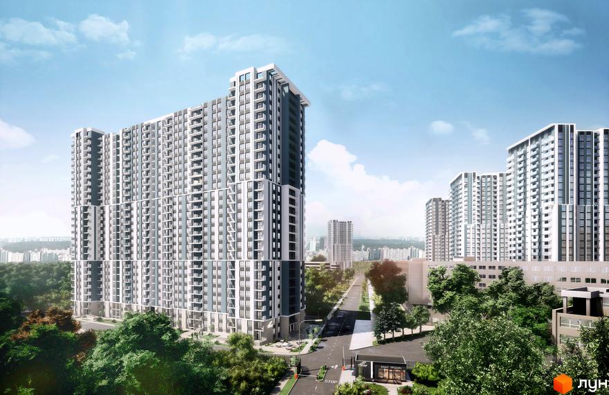 Зовнішній вигляд житлового комплексу Авеню 42 з високими будинками та зеленою прибудинковою територією. Фото новобудови з вулицею та в'їздом.