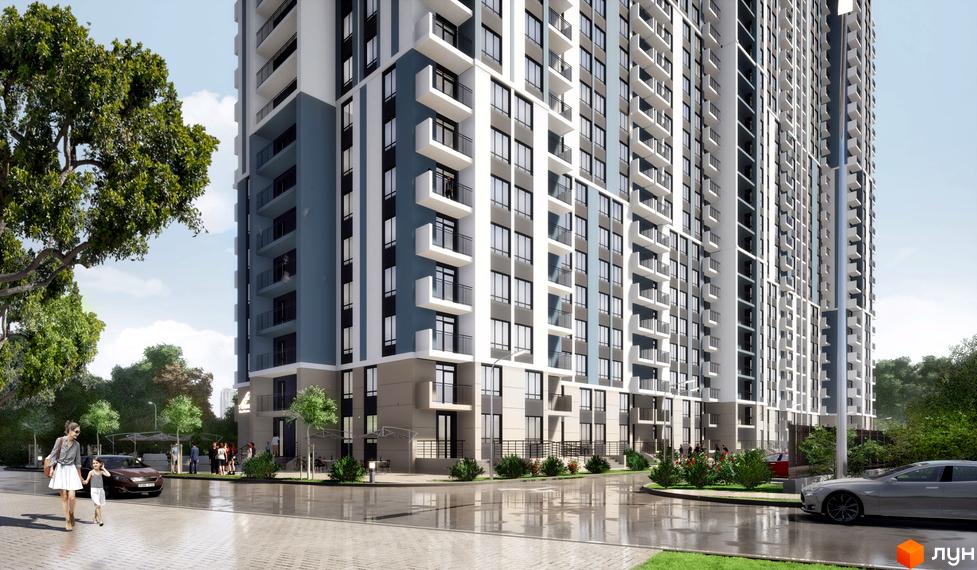 Новобудова ЖК Авеню 42 з сіро-білим фасадом та численними балконами. Поруч зелена зона та доглянута прибудинкова територія з пішохідними доріжками.