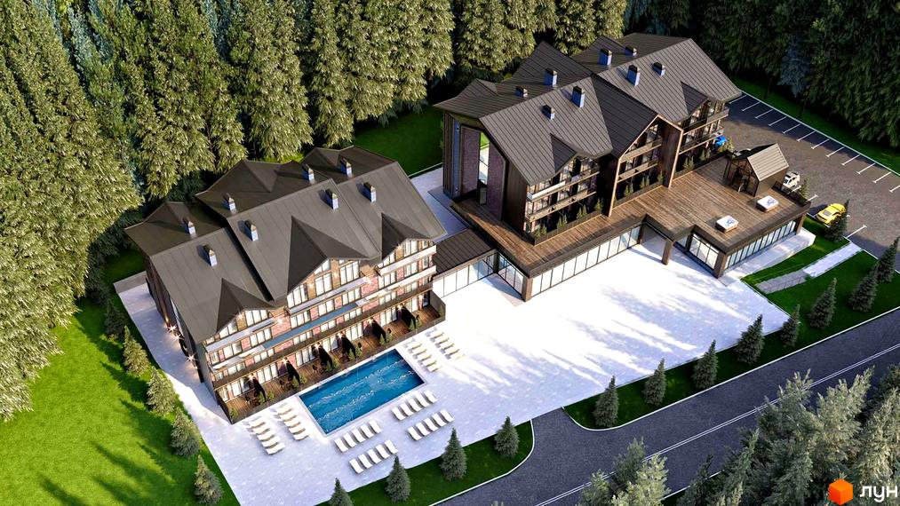 Апарт-комплекс Wood Apartments з басейном та шезлонгами, оточений лісом. Прибудинкова територія з парковкою та дорогою.