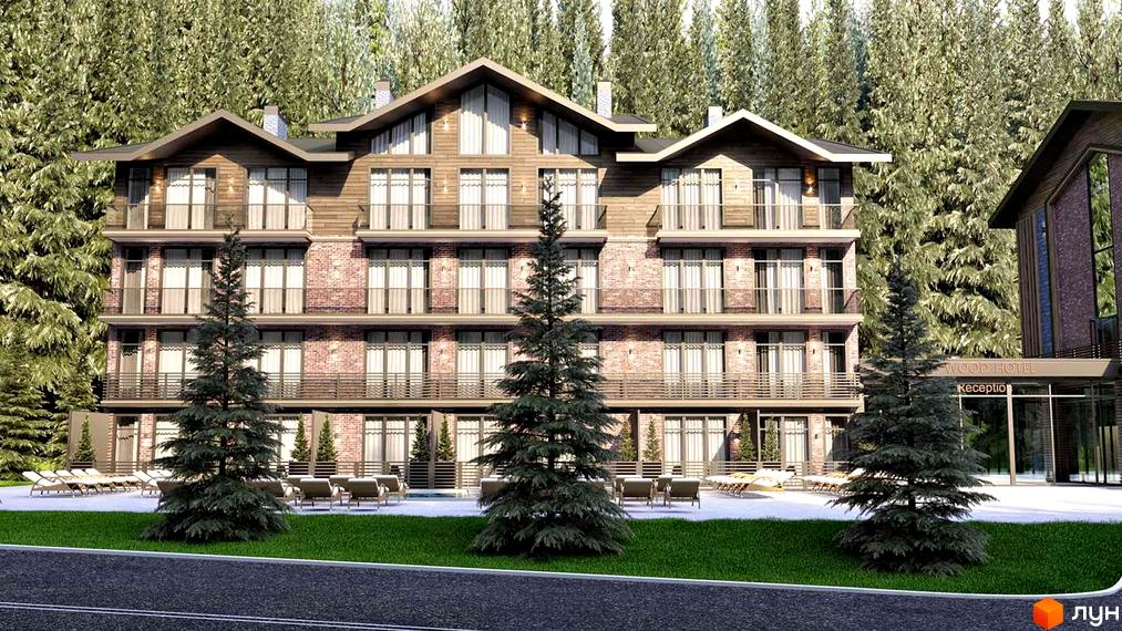 Апарт-комплекс Wood Apartments з цегляним фасадом та балконами, оточений соснами. На території комплексу розташовані шезлонги та басейн.