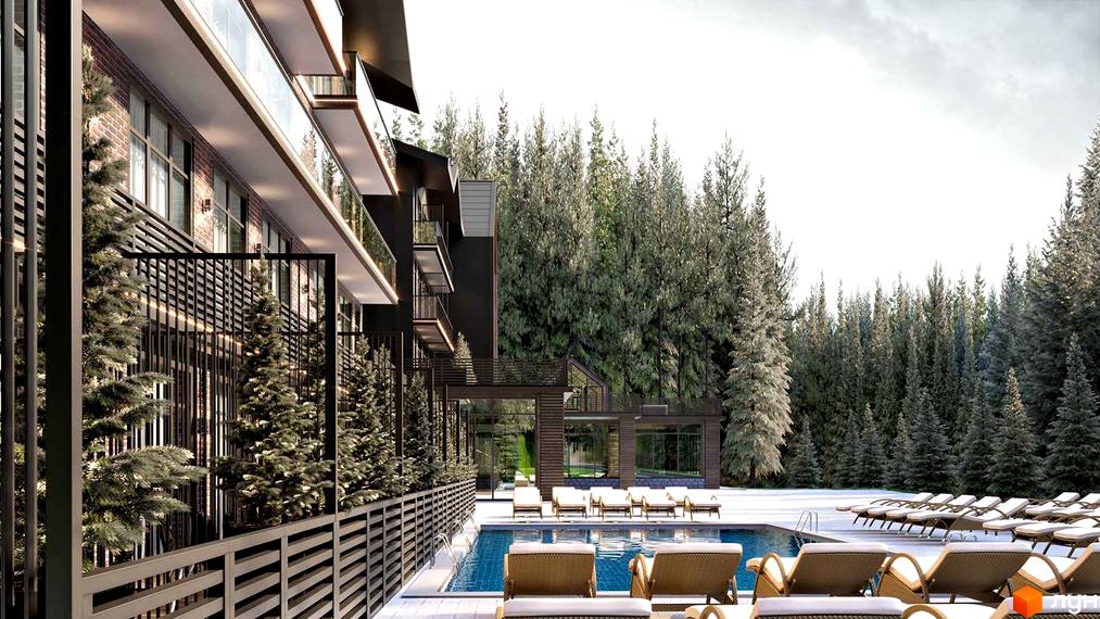 Апарт-комплекс Wood Apartments з басейном та шезлонгами, оточений високими деревами. Сучасна архітектура будівлі з цегляними фасадами та скляними балконами.