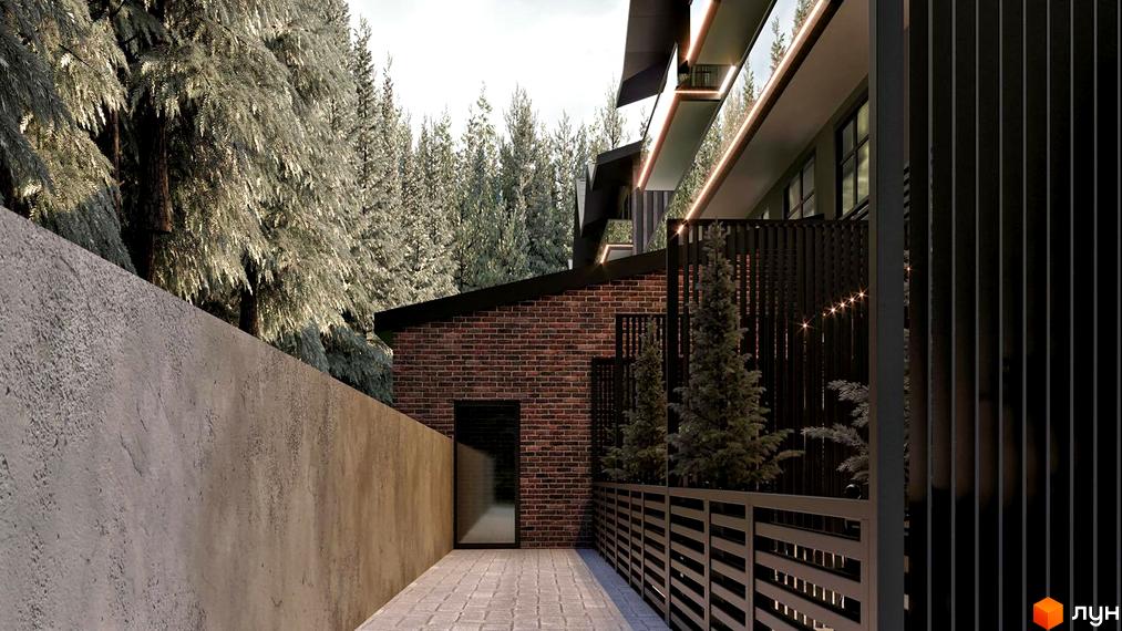 Апарт-комплекс Wood Apartments з цегляним фасадом та огородженою територією з деревами. Зовнішній вигляд новобудови та прибудинкової території.