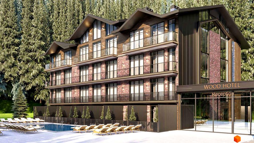 Апарт-комплекс Wood Apartments з цегляним фасадом, скляними балконами та басейном із шезлонгами.