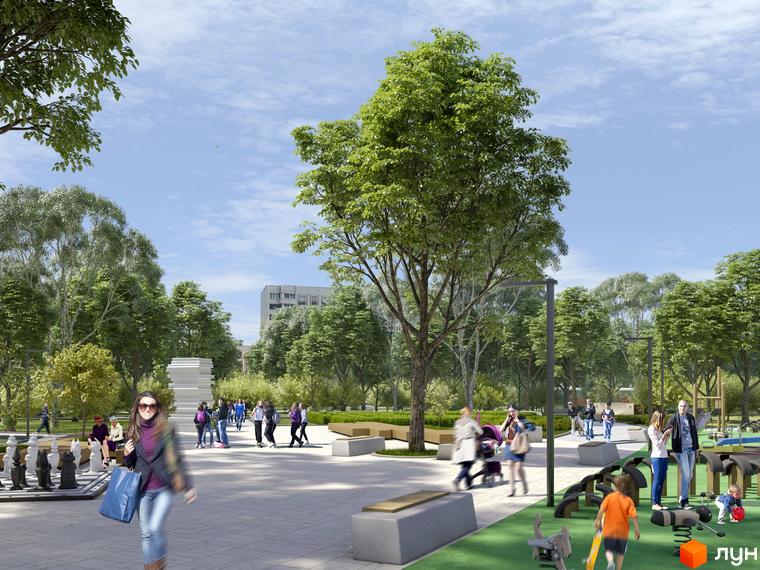 Світлий багатоповерховий будинок Пространство на Літературній, оточений зеленим парком з ігровими та відпочинковими зонами.