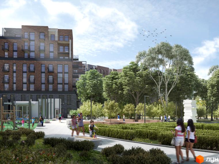 Новобудова Пространство на Літературній з цегляним фасадом та зеленою прибудинковою територією з дитячим майданчиком.