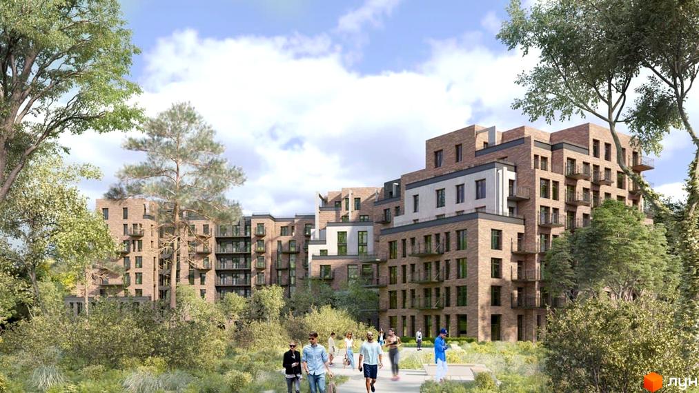 Житловий комплекс Пространство на Літературній з цегляними фасадами та балконами, оточений зеленими насадженнями та пішохідними доріжками.