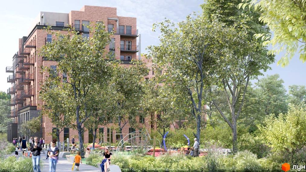 Простір на Літературній - це житловий комплекс з цегляним фасадом та балконами, оточений зеленою зоною з дитячим майданчиком.