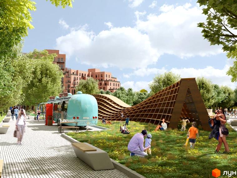 Багатоповерхові будинки Житлового комплексу Пространство на Літературній з прибудинковою територією, що включає парк, дерев'яну конструкцію та фудтрак.