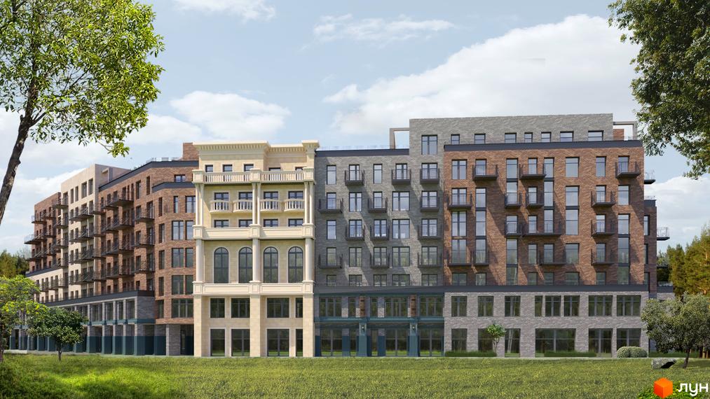 Фасад житлового комплексу Простір на Літературній, що складається з цегляних та кам'яних секцій з балконами. Навколо будинку зелена галявина та дерева.