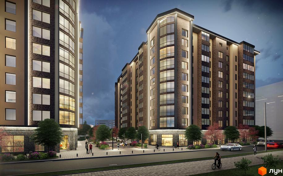 Житловий комплекс Німецький проект на Григорівському шосе. Багатоповерхові будинки з цегляним фасадом та великими вікнами, освітлена прибудинкова територія з деревами та людьми.