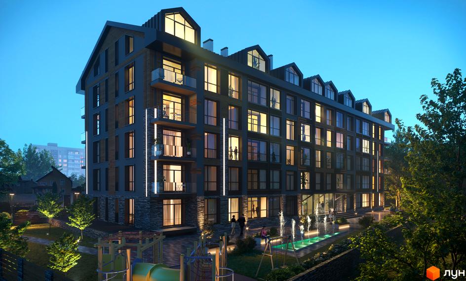 Житловий комплекс Royal Residence з фасадом з каменю та дерева, з балконами та великими вікнами. Поруч дитячий майданчик та фонтан.