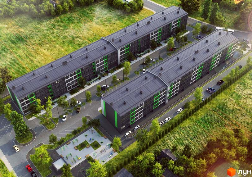 Житловий комплекс GREEN VILLAGE з сірими фасадами та зеленими елементами. На прибудинковій території розташовані дитячий майданчик та парковка.
