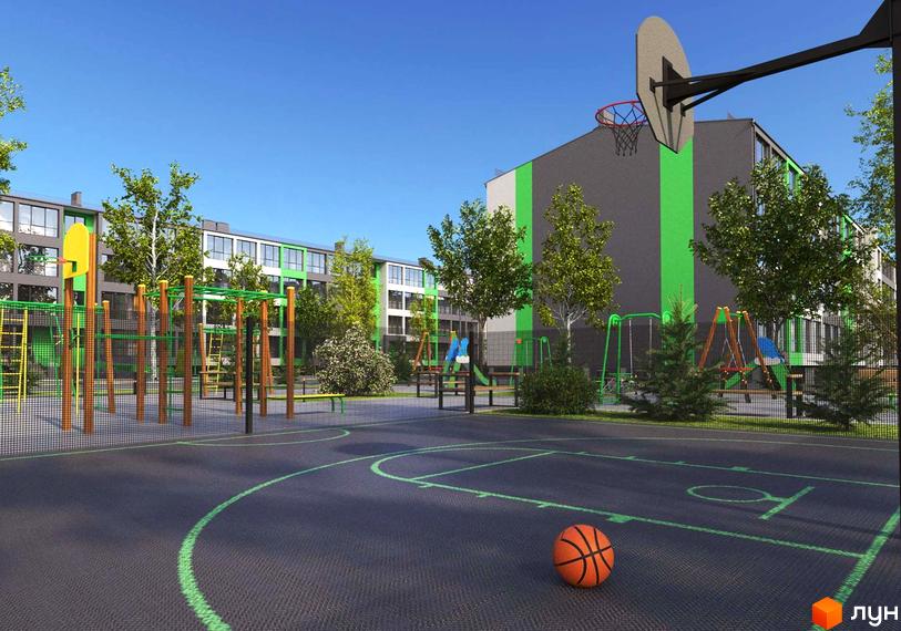 Житловий комплекс GREEN VILLAGE з баскетбольним майданчиком та дитячим майданчиком. Сучасна архітектура будівель з зеленими елементами.