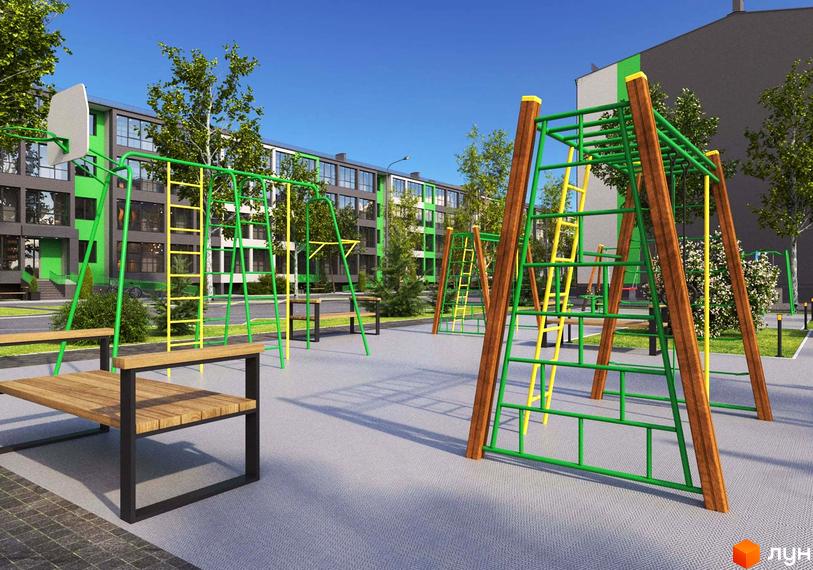 Житловий комплекс GREEN VILLAGE з дитячим майданчиком та зонами відпочинку. Сучасна архітектура будівель та зелена прибудинкова територія.