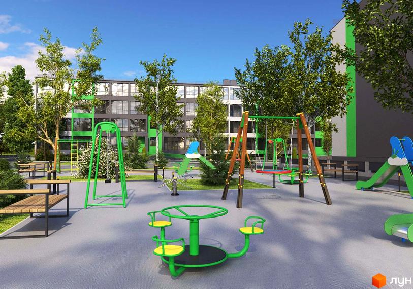 Житловий комплекс GREEN VILLAGE з дитячим майданчиком та зеленими насадженнями. Сучасна архітектура будівель та облаштована прибудинкова територія.