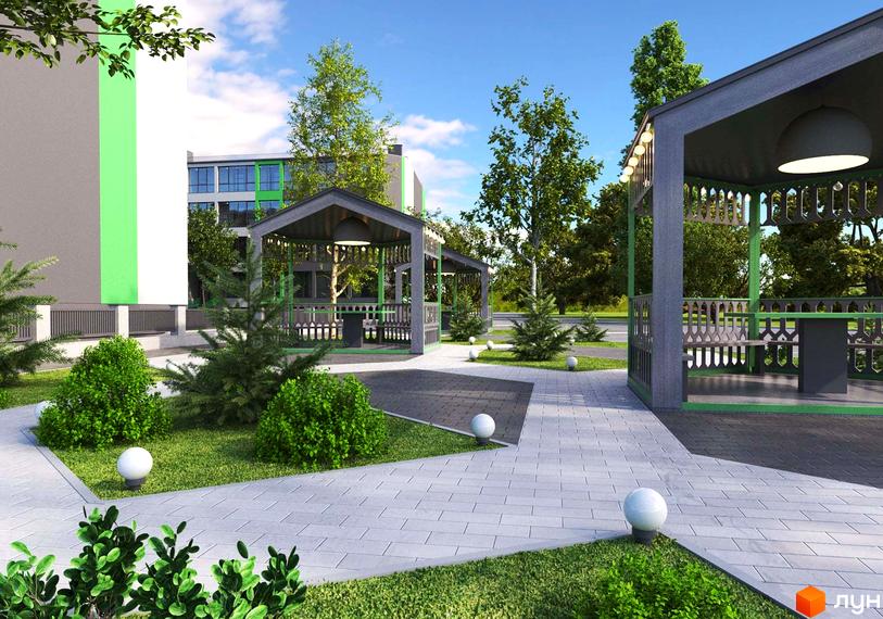 Житловий комплекс GREEN VILLAGE. На території комплексу розташовані альтанки та зелені зони для відпочинку.