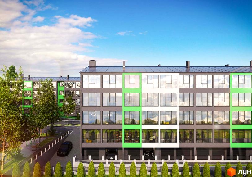 Житловий комплекс GREEN VILLAGE з фасадами сірого, білого та зеленого кольорів, великими вікнами та прибудинковою територією з деревами та дорогою.