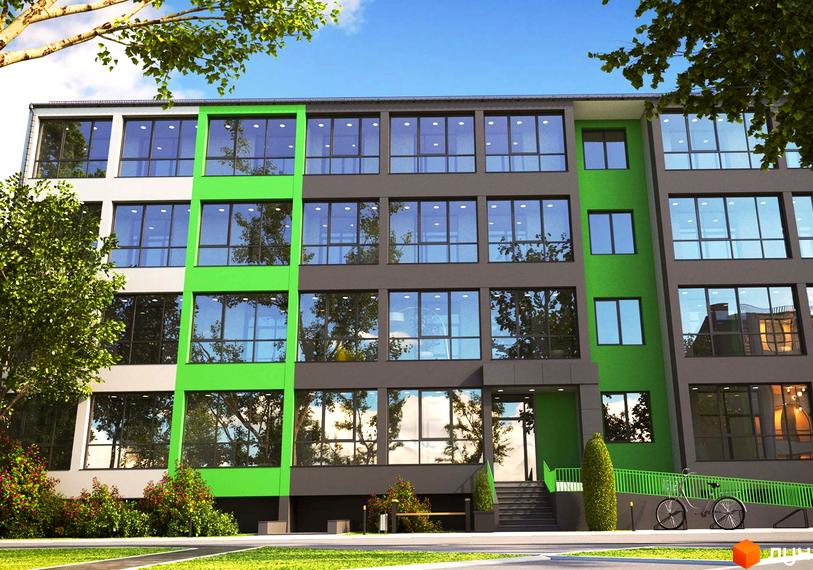 Фасад новобудови ЖК GREEN VILLAGE з великими панорамними вікнами та яскравими зеленими елементами. Біля будинку розташована доглянута прибудинкова територія з деревами та велосипедом.