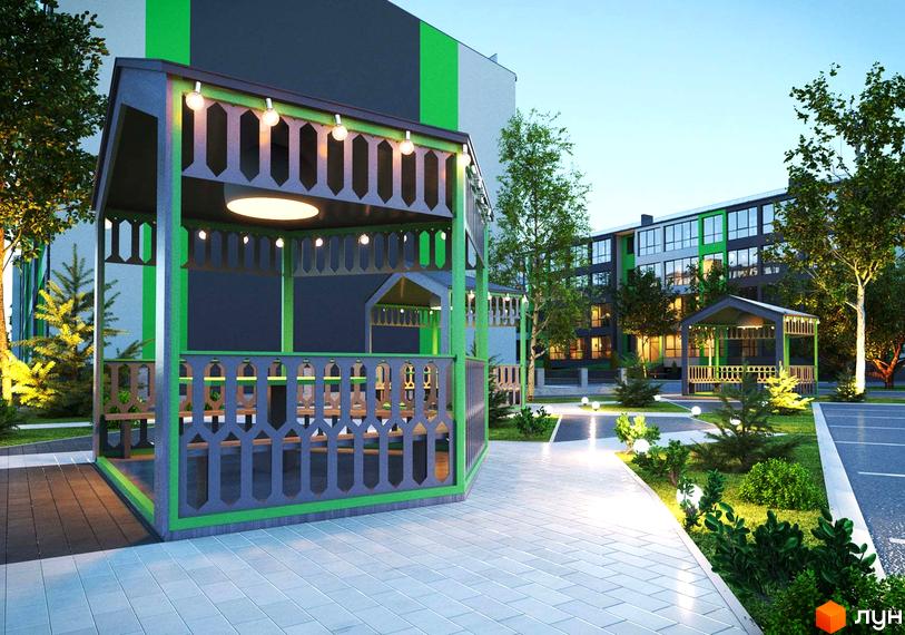 Житловий комплекс GREEN VILLAGE з альтанками та освітленням. Навколо комплексу зелені насадження та доглянута прибудинкова територія.