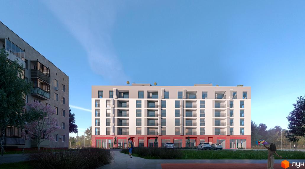 Зовнішній вигляд новобудови ЖК Residence з фасадом біло-сірого кольору та червоною цегляною обробкою цоколя. Прибудинкова територія з зеленими насадженнями та пішохідними доріжками.