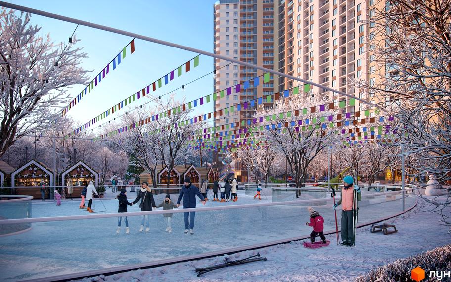 Житловий комплекс KADORR City з льодовою ковзанкою та різдвяними будиночками. Навколо ялинки та дерева, прикрашені снігом та гірляндами.