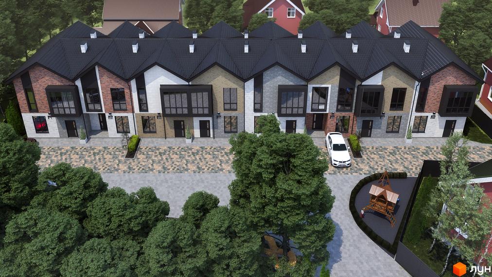 Р8 townhouse - сучасний житловий комплекс з цегляними фасадами та великими вікнами. На прибудинковій території розташований дитячий майданчик та зелені насадження.