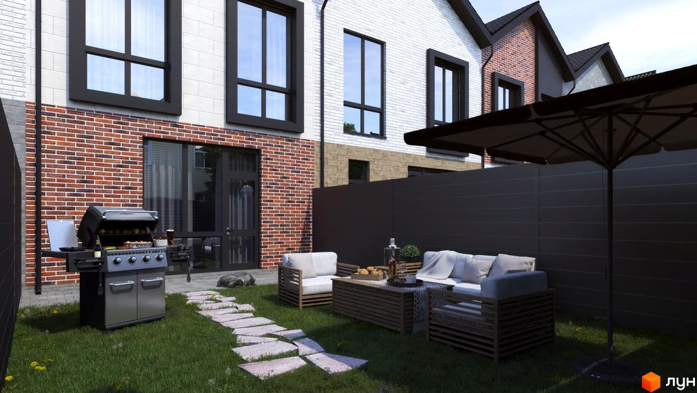 Таунхауси Р8 townhouse з цегляним фасадом та прибудинковою територією з зоною барбекю та зоною відпочинку.