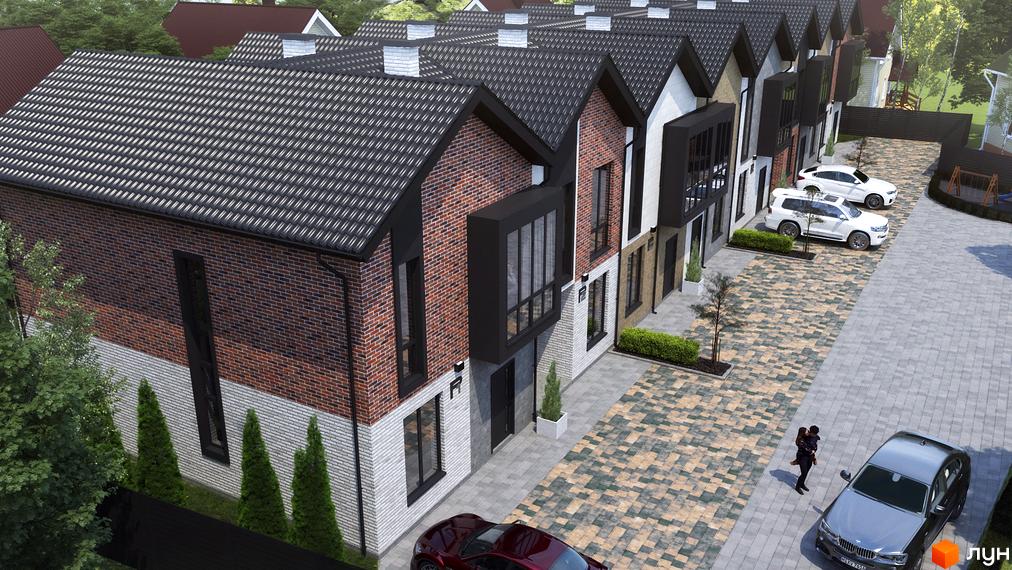 Таунхауси Р8 townhouse - цегляні фасади з білими вставками, великі вікна, вимощені доріжки та зелені насадження біля будинків. На території комплексу розташовані автомобілі та дитячий майданчик.