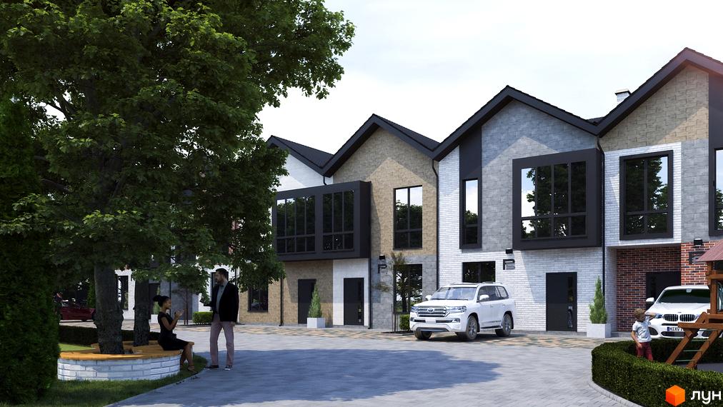 Таунхауси Р8 townhouse. Зовнішній вигляд будинків з великими вікнами та цегляним фасадом. На прибудинковій території розташовані дерева, лавки та автомобілі.