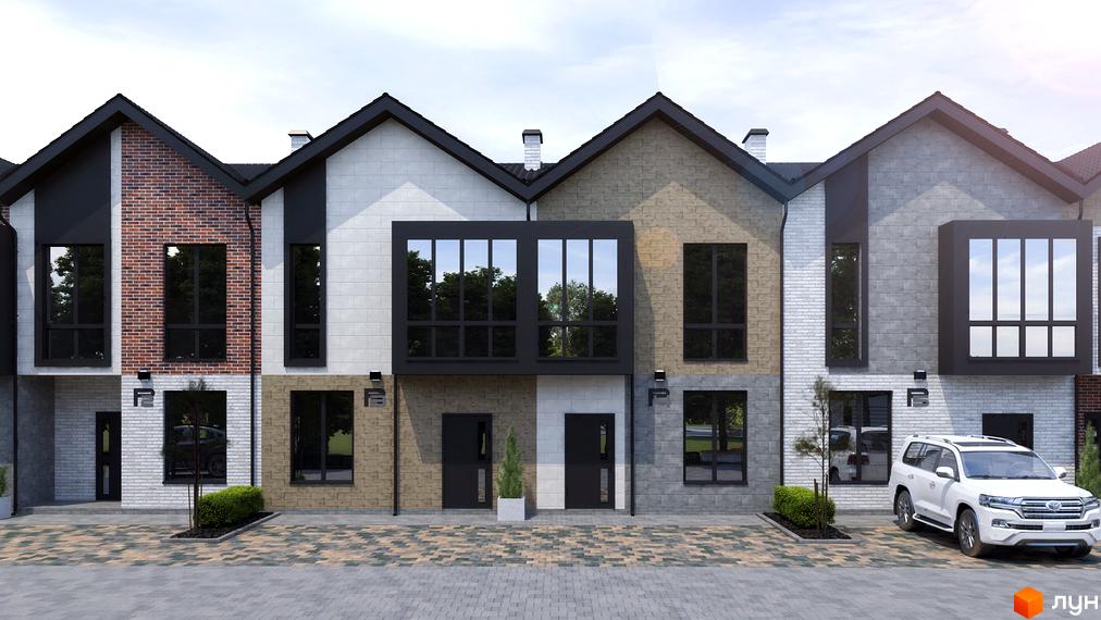 Таунхауси Р8 townhouse - фасади будинків з цегляним та кам'яним оздобленням, великі вікна та прибудинкова територія з паркуванням.