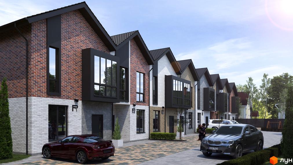 Таунхауси Р8 townhouse - це сучасні двоповерхові будинки з цегляним фасадом та великими вікнами. Територія комплексу облаштована парковкою та зеленими насадженнями.