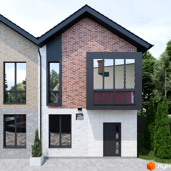 Таунхауси Р8 townhouse - фасади з цегли та білої плитки, великі вікна та прибудинкова територія з деревами.