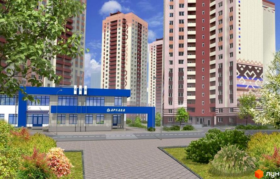 Зображення житлового комплексу Патріотика з багатоповерховими будинками та будівлею з синьою обробкою. На передньому плані зелені насадження та тротуарна доріжка.