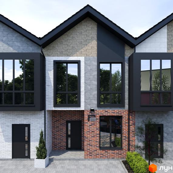 Фасад таунхаусів Р8 townhouse з цегляним та сірим оздобленням, великими вікнами та чорними дверима. Біля будинку висаджені дерева та кущі.
