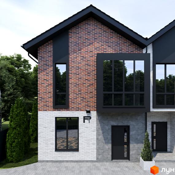 Таунхаус Р8 townhouse - двоповерхова новобудова з цегляним фасадом та великими вікнами. Перед будинком вимощена доріжка та зелені насадження.