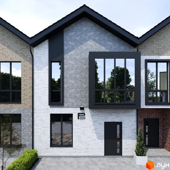 Фасад таунхаусів Р8 townhouse з білої та сірої цегли, великими вікнами та входом у будинок. Поруч зелений газон та бруківка.
