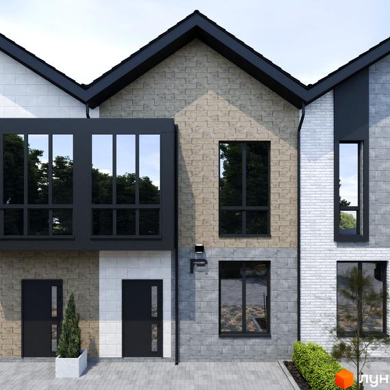 Таунхауси Р8 townhouse – фасади з комбінованим оздобленням та великими вікнами, прибудинкова територія з доглянутими рослинами.