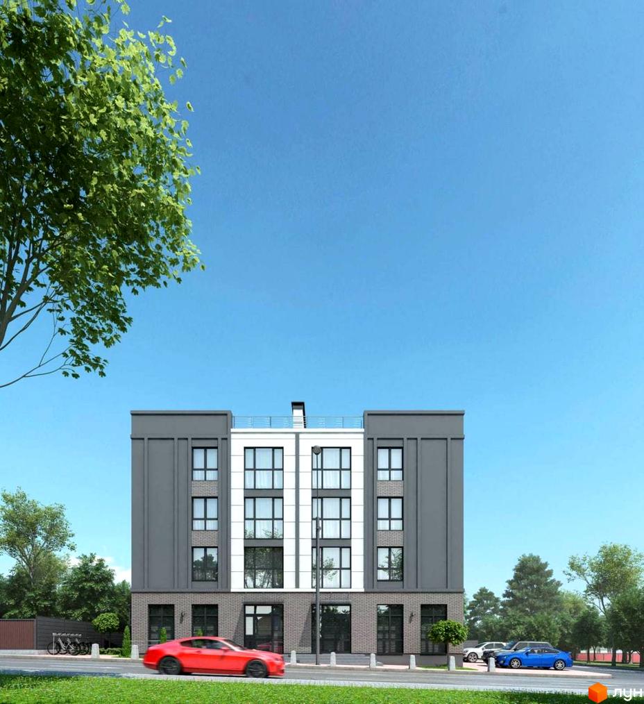 Клубний будинок Range – це чотириповерхова новобудова з сірими та білими фасадами, великими вікнами та цегляним цоколем. Перед будинком розташована дорога з автомобілями та зелена зона.