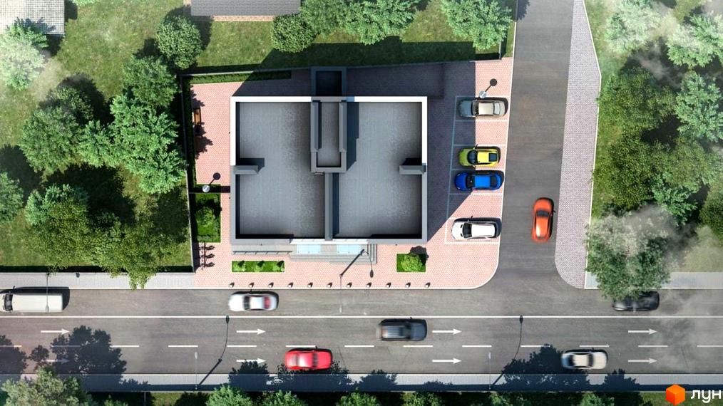 Клубний будинок Range з парковкою та дорогою. Вид зверху на новобудову та прибудинкову територію з деревами.