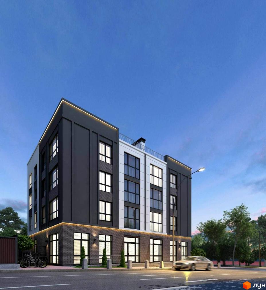 Клубний будинок Range з темним фасадом та білою центральною частиною, вікна великі, на вулиці ліхтар та дерево. Біля будинку стоять велосипеди.