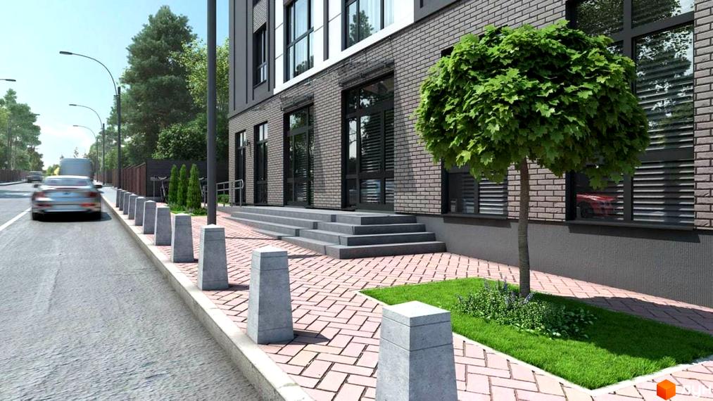 Клубний будинок Range з сірою цегляною фасадною обробкою та сходами, що ведуть до входу. Прибудинкова територія з бруківкою, газоном та деревом.