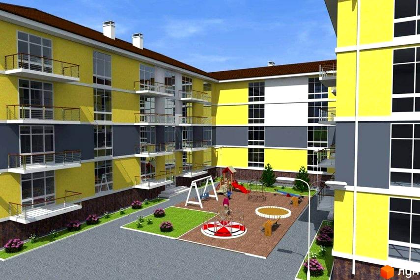 Житловий комплекс Чорноморський: фасади жовто-сірих будинків з балконами та дитячий майданчик з гойдалками та каруселлю.