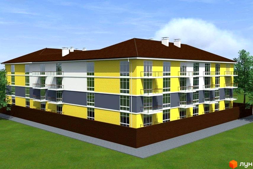 Житловий комплекс Чорноморський – це багатоповерхова новобудова з жовто-білими фасадами, балконами та коричневим дахом. Територія навколо будинку вкрита зеленою травою та огороджена коричневим парканом.