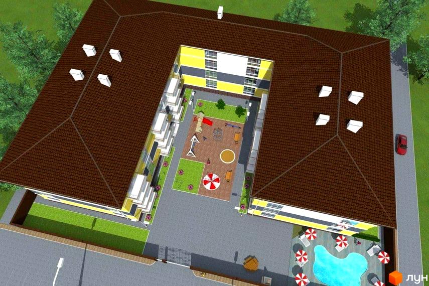 Будівельний проєкт Чорноморський має коричневий дах та жовті фасади, внутрішній двір з дитячим майданчиком та зоною відпочинку біля басейну.