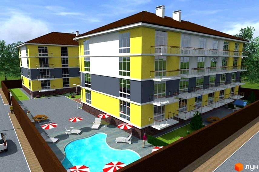 Житловий комплекс Чорноморський: багатоповерхові корпуси з жовтими, білими, сірими фасадами та балконами. Біля басейну є шезлонги та парасольки.