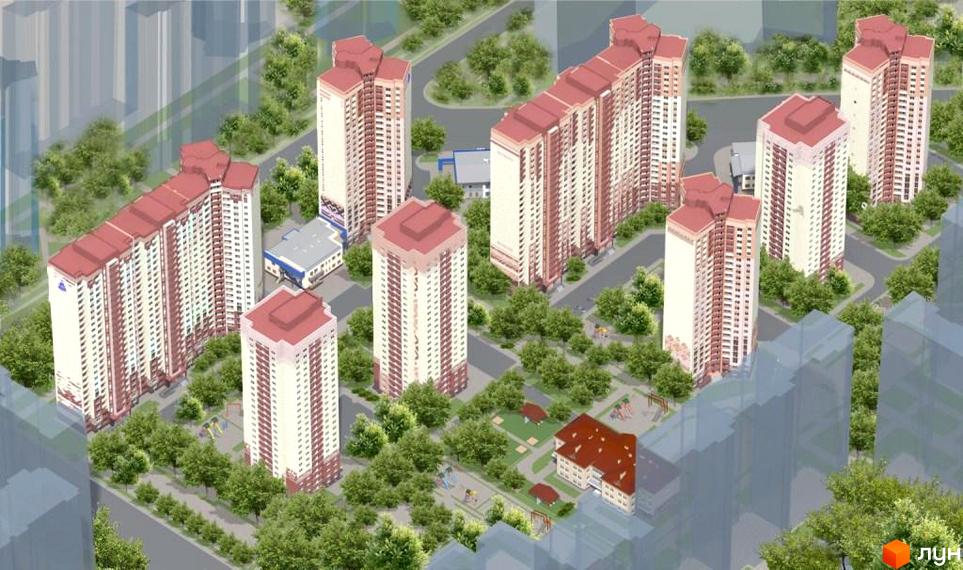 Зображення Житлового району Патріотика: висотні будинки з червоними дахами та зелені насадження навколо. Вигляд зверху на новобудови.