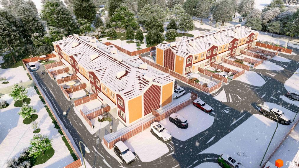 Таунхауси Амстердам у зимовому ландшафті. Зовнішній вигляд будинків з червоно-помаранчевими фасадами та білими дахами, вкритими снігом. На прибудинковій території розташовані паркувальні місця з автомобілями та огороджені дворики.