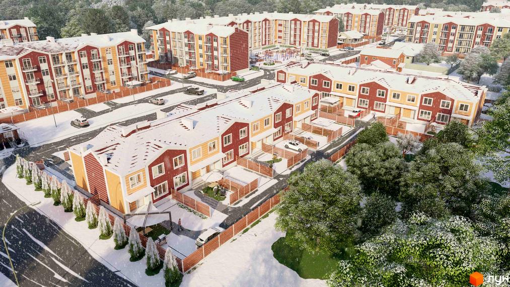 Зовнішній вигляд таунхаусів Амстердам у зимовий період. На зображенні видно фасади будинків з червоно-жовтим оздобленням та сніг на дахах, а також прибудинкову територію з деревами та парканом.