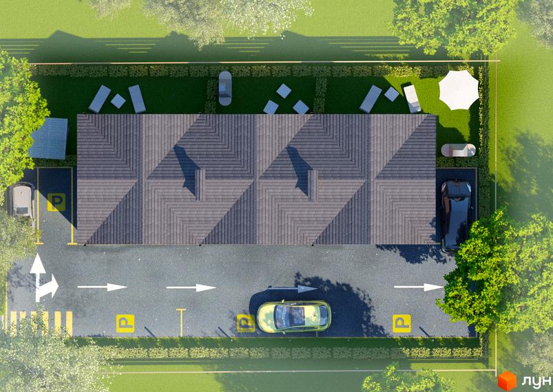 Таунхаус „На Кочубея“: вид зверху на сірий дах та прибудинкову територію з парковкою та зеленими зонами. Опис новобудови для просування сайту.